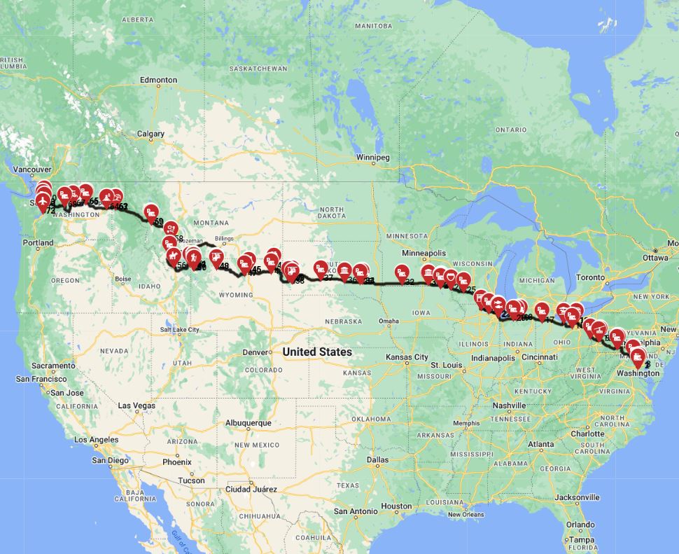 USA RV trip planner Washington DC to Seattle motorhome route plan